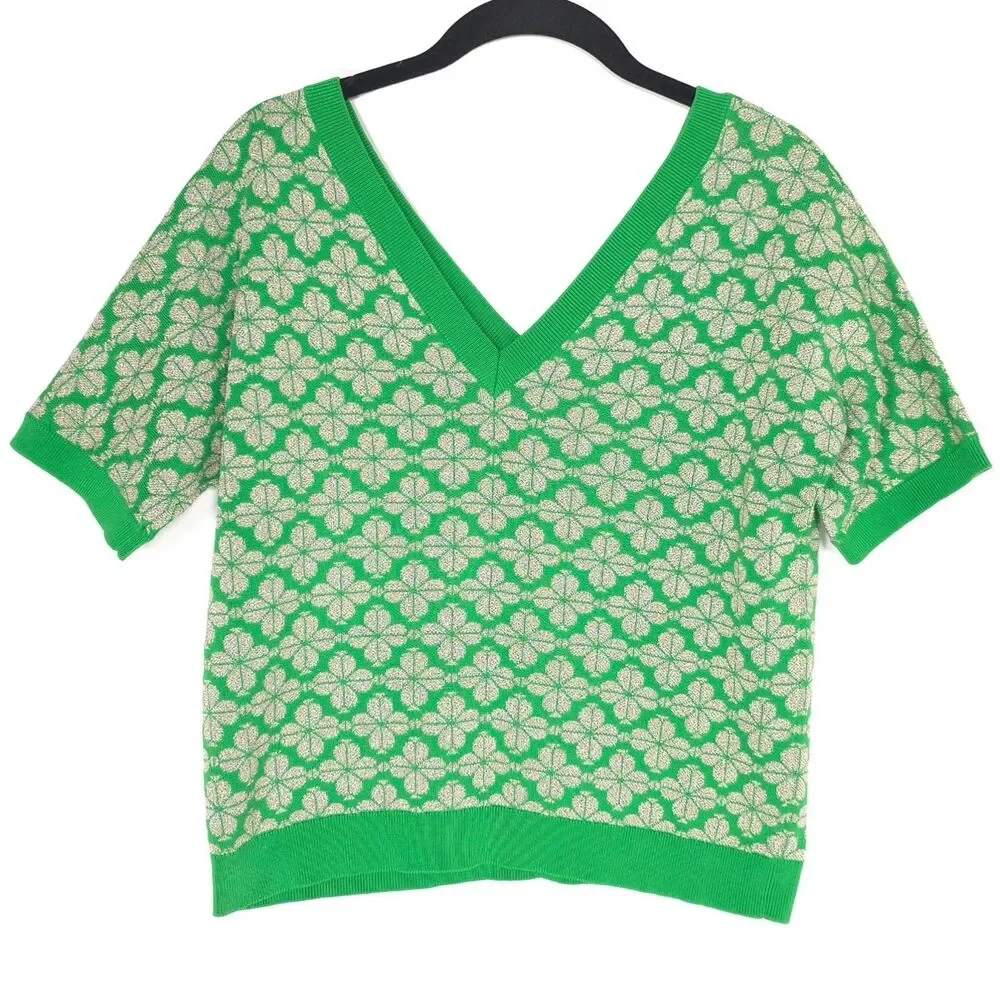 KATE SPADE Green Clover Metallic Sweater‎ Top Blouse V Neck MEDIUM NJMU A608
